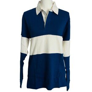 AYR‎ The Rugby Striped Long Sleeve Cotton Polo Shirt Blue Cream NWOT S
